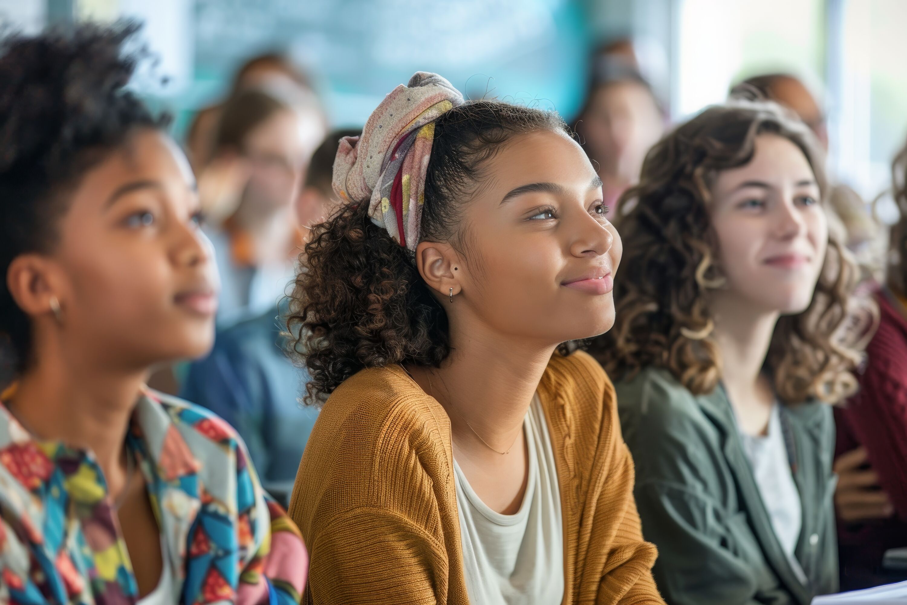 Diverse young girls sitting together classroom focusing their studies learning classroom filled with diverse students engaged collaborative learning